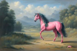 Big pink plastic horse.19th painting