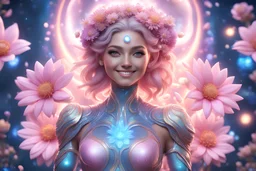 gorgeous smiling galactic goddess, full body, nice eyes, pure harmony, soft pink, soft blue, smile, galactic, magic, transcendent, divine, warm look, fantastic magical flowers background, ultra sharp focus, ultra high definition, 8k, unreal engine5background, colored lake, ultra sharp focus, ultra highextremely detailed CG unity 8k