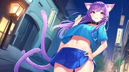 Girl,man ,purple hair, cat ears, cat tail, blue skirt, open navel, short green shirt, night in town ,with tongue out, collar on neck