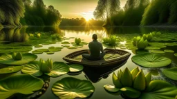 A group of green frogs perched on water lilies on a serene lake at sunset, with a man in a boat in the foreground