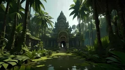 cambodia lost temple of jungle palms in the center of a lush garden surrounded by a band that flows in The four rivers of fantasy art 3d realistic 8k