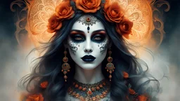 Santa Muerte, best quality, digital painting, extremely smooth, fluid, 3d fractals, light particles, dreamy, smooth, shimmering, dreamy glow, conceptual art by alberto seveso, anna dittmann, arthur rackham, harmonious color scheme, 32k, Wet black and orange color inks line art dreamy female portrait with lot of lace filigrees on black canvas illustration described in the perfect fractal style of Vassily Kandinsky, Jackson Pollock, Alphonse Mucha and Jeremy Mann, HQ, 4K Modifiers: 4K 3D