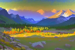 Rocky Mountain National Park landscape scene in the style of Claude Monet Modifiers: Landscape Claude Monet Panoramic View Impressionism School French Impressionists