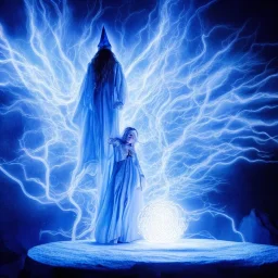 wizard wearing white casting a magic spell, shingled rooftop location, over the shoulder view, projecting a light transluscent sparkly blue shield hologram , dark storm approaching, 8k resolution, high-quality, fine-detail, iridescent, intricate, detailed matte, volumetric lighting, illustration, brian froud, howard lyon, selina french, anna dittmann, annie stokes, lisa parker, greg rutowski, simon stalenhag