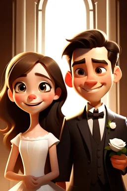 Portada de Pixar en una boda, una chica joven con vestido blanco de novia cabello castaño largo y ojos cafés sonriendo, junto a un chico joven alto con traje negro y moño negro cabello castaño corto y ojos cafés en su boda