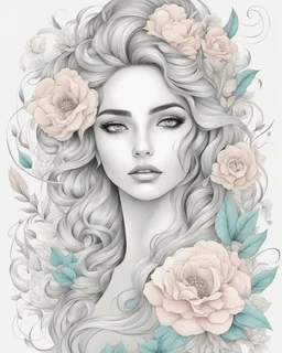 Abstract line art: beautiful, mesmerized drawing skatche girl in her hair nice flowers and in a beautiful flowering dress :: pastel colored flower tatoo, freedom of expression. " line art style