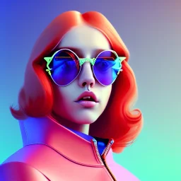 redhead woman teenager, freckles, big retro sunglasses, padded coat, retro futuristic, latex dress, gradient color, BLUE, PINK, CYAN, neon, insanely detailed, 16k resolution, perfect eyes, cinematic smooth, intricate detail