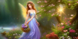 bright fairy, beautiful portrait, flowery landscape