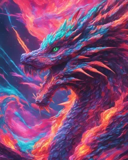 Close up shot, Dragon in a vibrant synthwave dreamscape, neon chaos swirling energetically around pixelated forms, a dynamic fusion of retro gaming nostalgia and futuristic abstraction