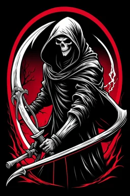 hooded Grim-Reaper gripping scythe, vignette, black and white graphic novel style with a red outline, and black background,