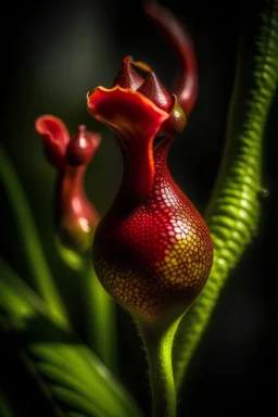 A common pitcher plant that grows up to 7.5 feet (2.3 meters) tall. It has multiple flame-shaped traps that are generally pink. The top is sheltered with a crescent-shaped green leaf. The traps grow directly from the ground with no stem, and it has pink-red leaves. It lures large creatures by using the smell of food. It is filled with sticky droplets that ensnare the victim and cause death by starvation or struggle exhaustion, and kills over 65% of the time. --- Fact: It can flourish even in s