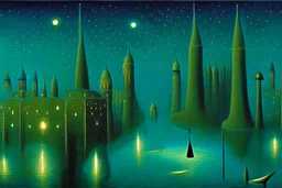 a surreal noctilucent city with arches, domes and rivers by artist "Leonora Carrington",by artist "Agostino Arrivabene",by artist David Inshaw"