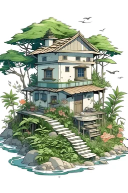a tiny house surrounded by gardens, birds, trees, beach, mountains. Make it look like like a manga sketch