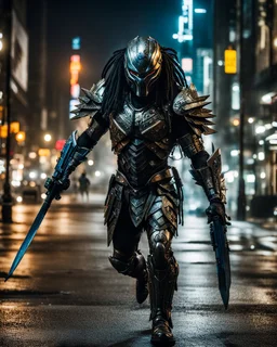 full image street photography art Predator movie character, anthropomorphic figure, warrior armor and weapons, run on night city street