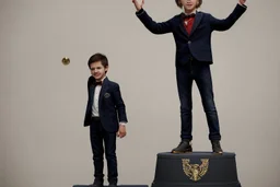 The boy is standing on a stylized podium, raising his right hand victoriously in the air, with his fingers forming a "V" sign. His left hand holds a symbolic representation of his achievement, which could be a miniature golden cup, a shining star, or any object that reflects the context of the competition or event.