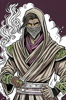 Male Air genasi fra d&d with black skin smoke some hair an Asian skin ghostly appearance with a Smokey undertone