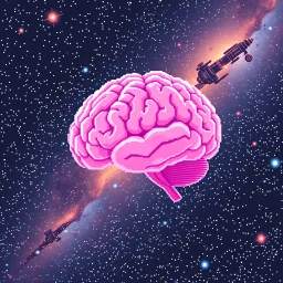 16 bit pixelart of a bare transparent pink human brain flying trough the universe, background galaxy's