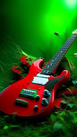 A red electric guitar with weed leaves in the background and smoke , graffiti art, splash art, street art, spray paint, oil gouache melting, acrylic, high contrast, colorful polychromatic, ultra detailed, ultra quality, CGSociety, plant based skink,