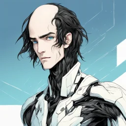 An handsome male alien with messy black hair and blue eyes