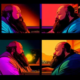 comicbook, 2 panels, a fat, bearded man (watching tv:1.8),,comic book panels, multiple angles, a mixture of lighting and color palettes.