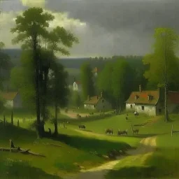 A gray village near a forest painted by George Inness