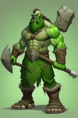A tall green halforc barbarian