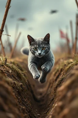 Ultra HD, Ultra Detailed,epic scene :A gray-colored cat flew through the air, landing in the enemy's trenches. The cat ran around the trench, disrupting the concentration of enemies and forcing them out of the trench.
