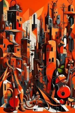 A dark orange colored cyberized city with jazz instruments painted by Pablo Picasso