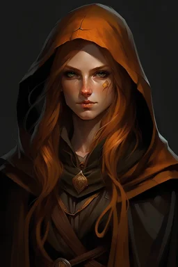 half-elf female rogue with fair skin golden eyes long copper-colored hair soft features pointy ears wearing a black hooded cape