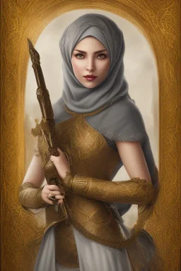 portrait lady grey arab warrior, hijab, mosque background