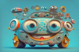 whimsical cartoon car with big eyes and a friendly smile, accompanied by various mechanical parts that form the shape of the car?