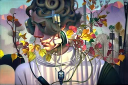 Streamline moderne man with headphone in the city windblown hair trees leaves carel weight Oxana dobrovolska catrin welz-stein andrea kowch andrea kurti meticulous surrealism futuristic retro