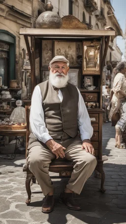 Full length photograph of a 58 year old, strong and chubby Neapolitan antiques dealer, at the street market, elegantly dressed, old glasses, short white beard, short shaved hair, under the sun, stocky, open shirt, hairy chest, sitting in a furniture stall of antique and mirrors, big belly, big shoulders,, sunlight, ambient occlusion, side light, photorealistic, side view from the ground