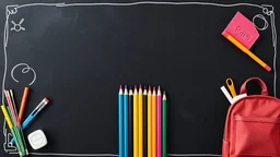 A blackboard design with a bunch of colored pencils in the middle of the image with a school bag, pencil sharpener, eraser and stationery