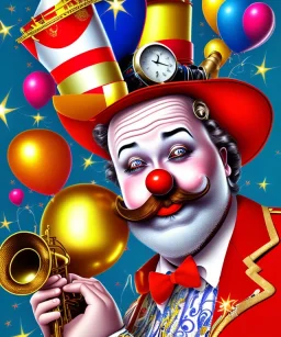 happy old friendly fat clown with trimmed beard playing jazz with a steampunk theme, circus, realistic