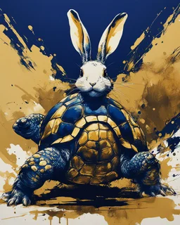 poster in two gradually, a one side Bunny darkblue and other side Turtle gold tones, painting by Yoji Shinkawa,