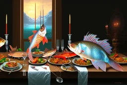 supper, fish sit at the table and eat pieces of people.