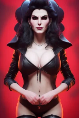 Amy Dumas as evil queen in black leather, leather, busty, cleavage, angry, rage, stern look. character design by cory loftis, fenghua zhong, ryohei hase, ismail inceoglu and ruan jia. unreal engine 5, artistic lighting, highly detailed, photorealistic, fantasy