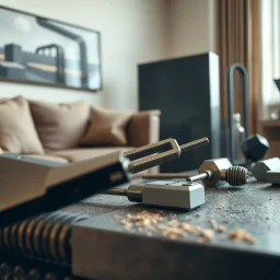 Photograph close-up of several geometric shapes in a living-room, elongated lines and objects, lower shapes, similar to tools or mechanisms, randomly arranged, alluminio, brutalist, glossy, strong texture, details of the dust very accentuated