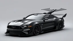 batmobile concept inspired from a black 2025 ford mustang dark horse with a large elaborate spoiler and batman symbol style fins, batman symbol in grille, lower wind deflector