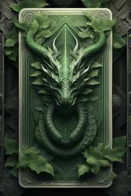 sacred geometry framed playing card, green leaves dragon boss card in the style of Giger and fallout 4 ,,bokeh like f/0.8, tilt-shift lens 8k, high detail, smooth render, down-light, unreal engine