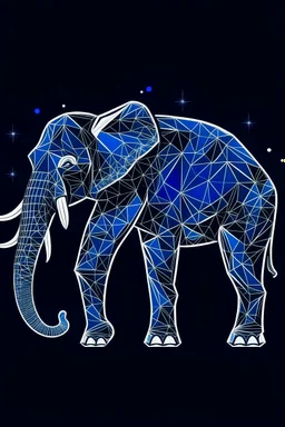 A sleek, silver African Elephant with a single, neon fin, cruising through a starry night sky. Style: Art Deco, Mood: Mysterious and Glamorous, Lighting: Deep blue with neon highlights, T-shirt design graphic, vector, contour, white background.