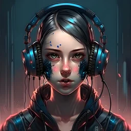 Front face realistic girl wearing masked with headphones cyberpunk