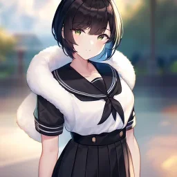 Clear focus, High resolution, fluffy black short hair, dark green eyes, wearing a black sailor uniform and pleated black skirt, fluffy hair, detailed outfit