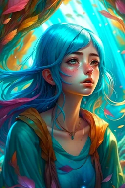 A stunning Anime girl suspended in a kaleidoscope of colors, captured in a photorealistic, cinematic photograph, as if plucked from a dream sequence. Her vibrant turquoise hair flows like a river, contrasting with the muted, earthy tones of her skin, set against a gradient of iridescent pinks and purples, evoking a sense of ethereal mysticism. Soft, cinematic film grain textures the image, infusing it with a sense of nostalgic warmth, as if lit by the flickering lights of a vintage cinema.