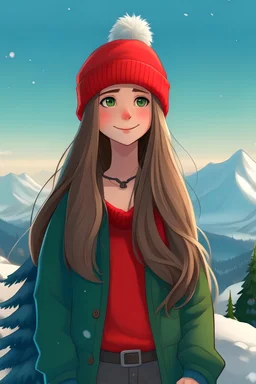a cartoon teenage girl with grayish blue eyes and long aurban hair wearing a Christmas hat standing on top of a mountain