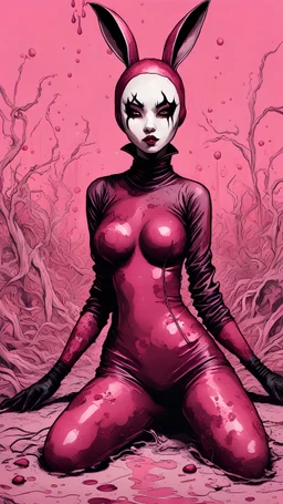 Goth Asian woman, lying pose, rabbit mask, pink short hair, latex suit, highly detailed, fullbody, splashes blood, behind guts rising from the ground, papercut illustration by <John Kenn Mortensen>, darkred tones,