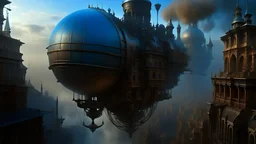 In a sprawling, fog-shrouded metropolis inspired by the intricate clockwork mechanisms of Steampunk, a majestic airship, adorned with copper filigree and glowing blue crystals, soars above the rooftops, casting a dramatic shadow over the city. It incorporates intricate gear-like architecture, hissing steam pipes, and a sense of industrial energy. The atmosphere is moody and atmospheric, with a hint of adventure and discovery." Art Style: Inspired by the intricate industrial aesthetic of Steampun