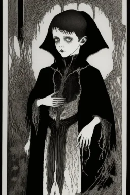 7 year old boy, necromancer, friendly, looks dead,with a long lamprey emerging from his belly , wearing black robes, in the style of Harry Clarke
