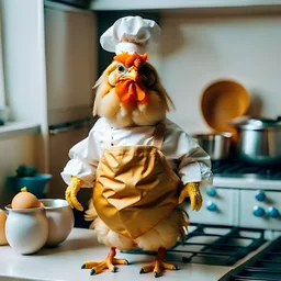 A funny and cute chicken in the shape of a human wearing cooking clothes that look the same color as his skin in the kitchen, cooking and carrying a pot of eggs.